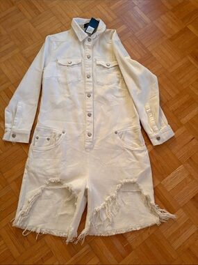 Athina White Distressed Denim Jumpsuit Romper